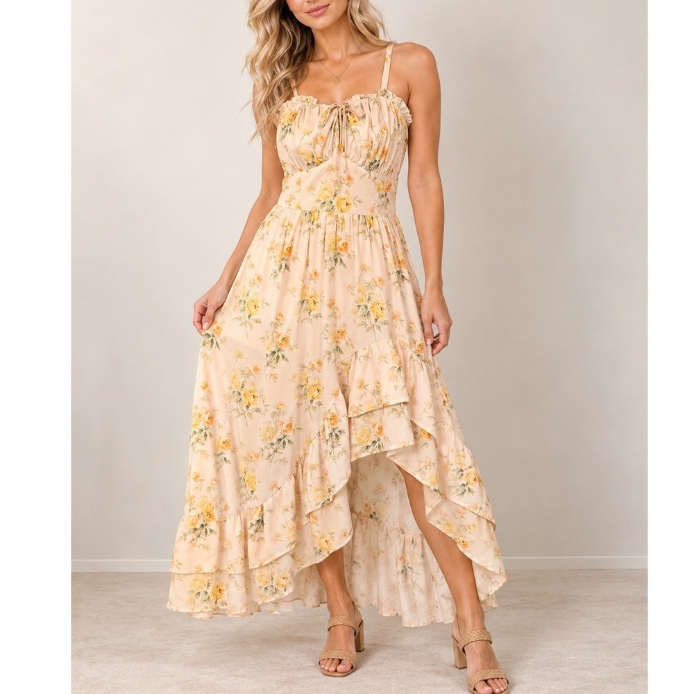 Scarlet Darkness High Low Maxi Dress Womens M Yellow Floral Excellent Dress